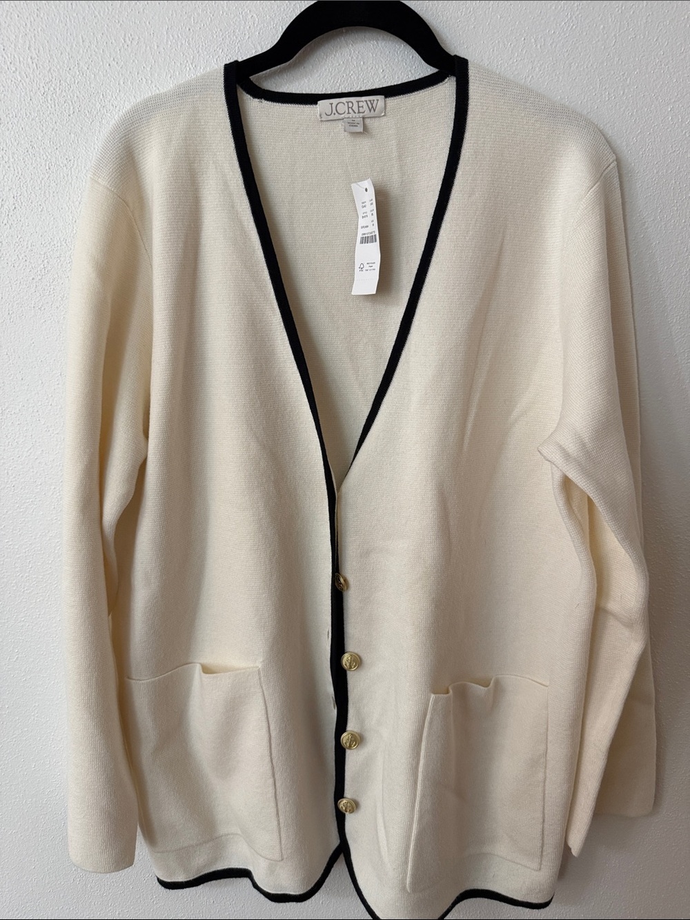 J. Crew Cream Cardigan with Black Trim and Gold Buttons